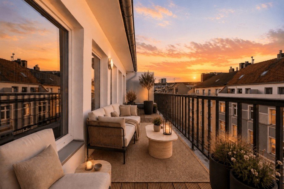 Dachterrasse am Abend Penthousewohnung D�sseldorf
