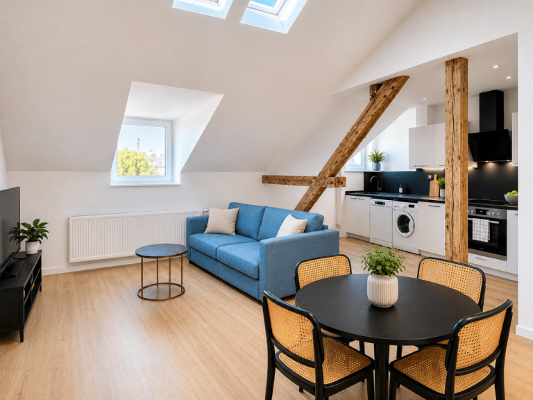 Wohn- und Esszimmer mit Ku D�sseldorf Wohnung Attraktive Kapitalanlage oder Eigennutzung - hochwertig modernisiert und m�bliert