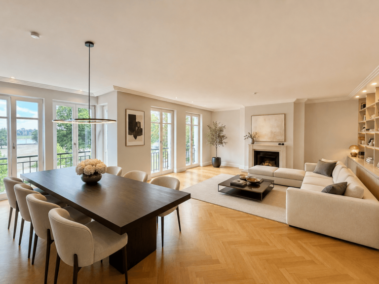 Wohn-Esszimmer D�sseldorf Etagenwohnung Gro�z�gige Stadtwohnung mit Kamin in exklusiver Rheinlage - Einbauk�che & Stellpl�tze