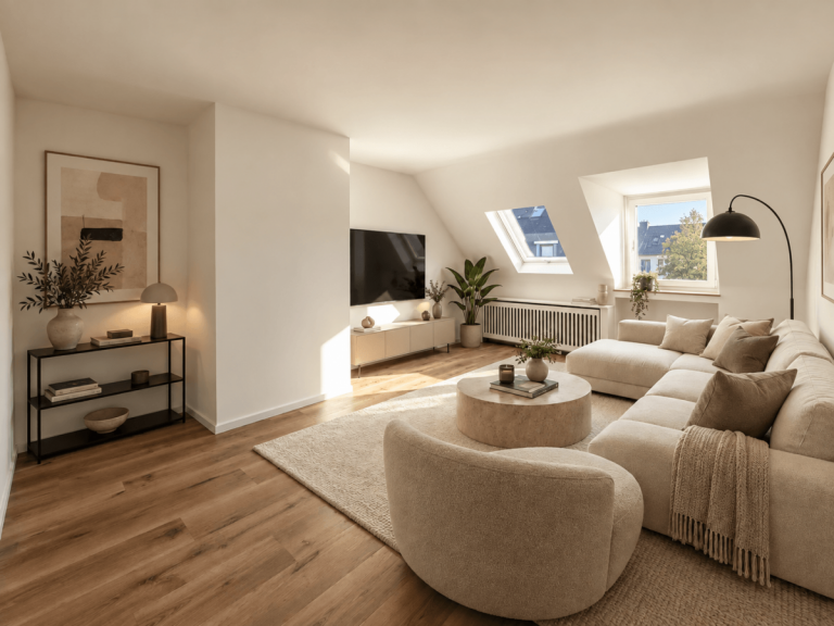 Wohnzimmer (virtuell m�bliert) D�sseldorf Etagenwohnung Oberkassel: Erstbezug nach Sanierung - lichtverw�hnte 2-Zimmer-Wohnung mit Balkon und Einbauk�che!