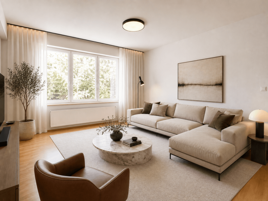 Wohnzimmer (virtuell m�bliert) Etagenwohnung D�sseldorf