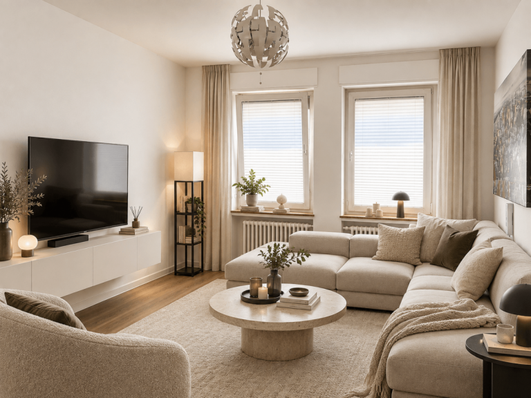 Wohnzimmer (virutell m�bliert) D�sseldorf - D�sseldorf - Friedrichstadt Wohnung Wohnen mit eigenem Garten - attraktive Wohnung am F�rstenplatz