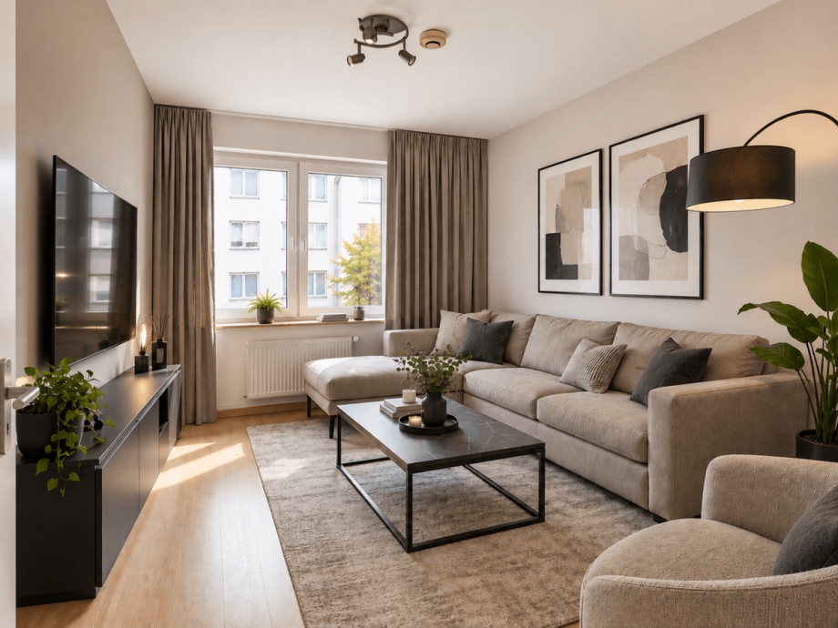 Wohnzimmer (virutell m�bliert) Etagenwohnung D�sseldorf
