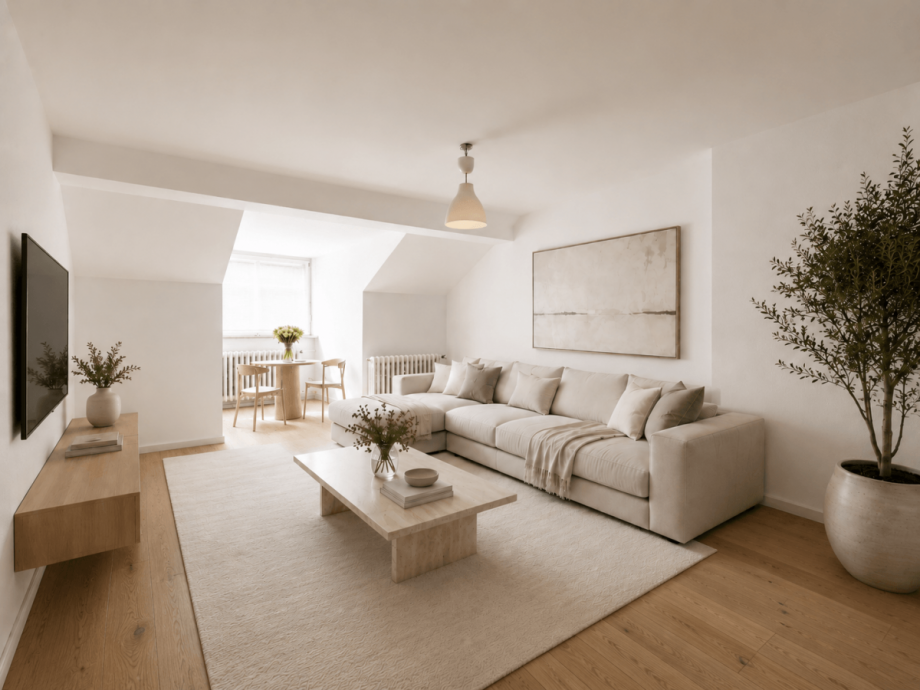 Wohnzimmer virutell saniert Dachgeschosswohnung D�sseldorf