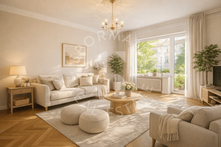 Wohnzimmer mit Balkon (virtuell m�bliert) D�sseldorf - D�sseldorf - D�sseltal Etagenwohnung Altbaujuwel mit Stuck & Stil - zeitlose Eleganz in Bestform mit zwei Balkonen und Einbauk�che