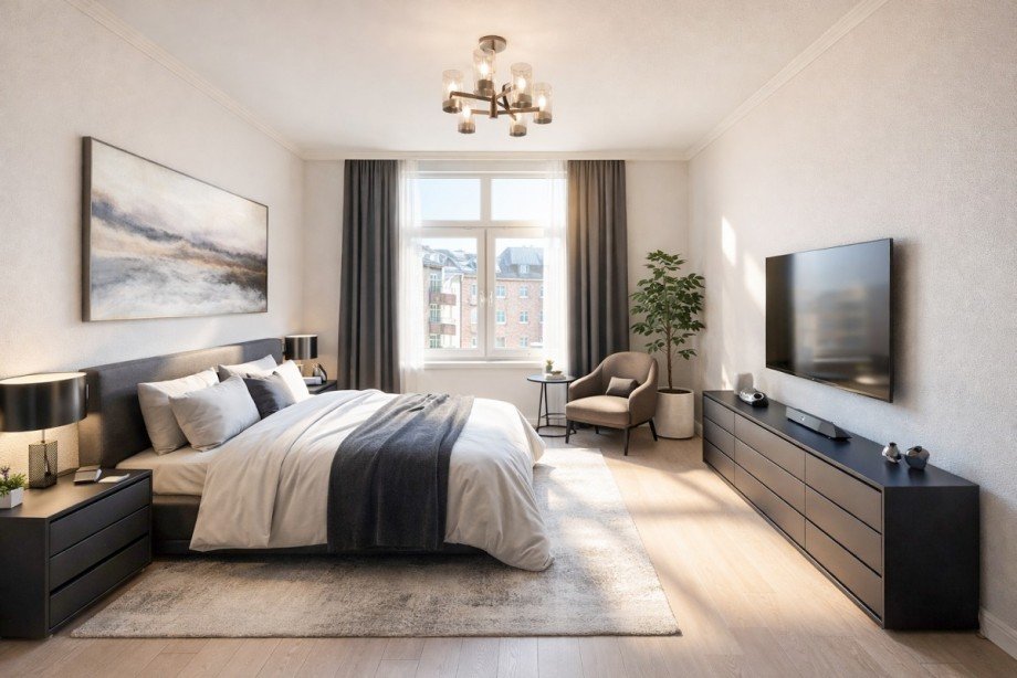 Schlafzimmer (virtuell m�bliert) Etagenwohnung D�sseldorf