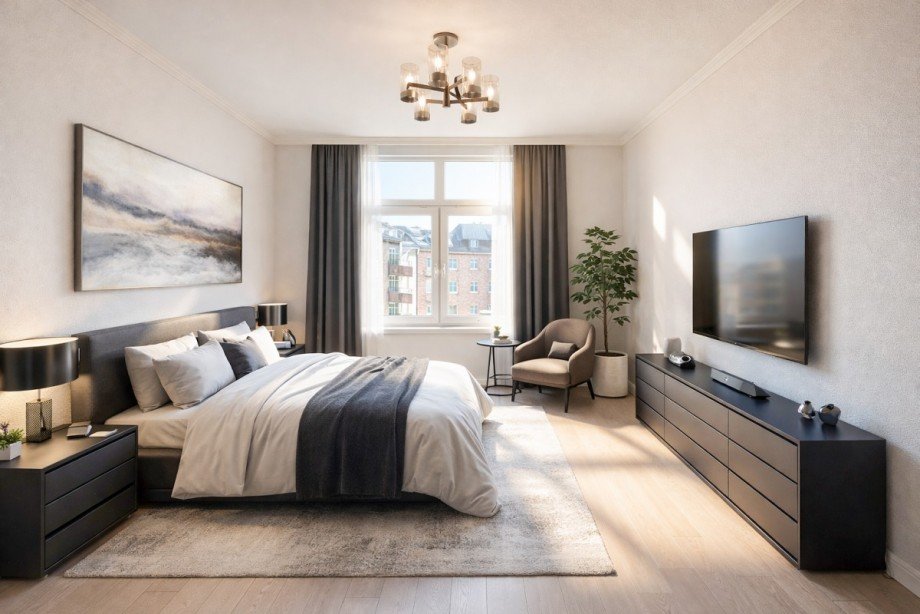 Schlafzimmer (virtuell m�bliert) Etagenwohnung D�sseldorf