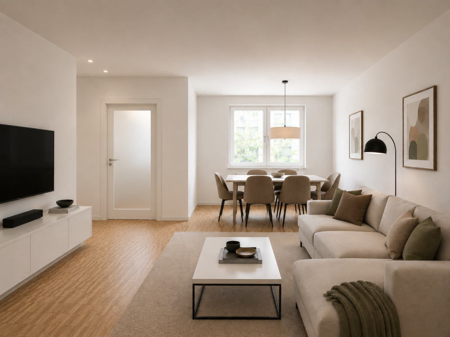 Wohn- und Esszimmer - abgetrenntes Homeoffice Etagenwohnung D�sseldorf
