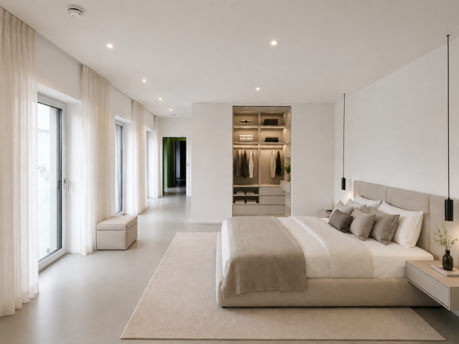 Schlafzimmer beispielhaft m�bliert Loft-Studio-Atelier D�sseldorf