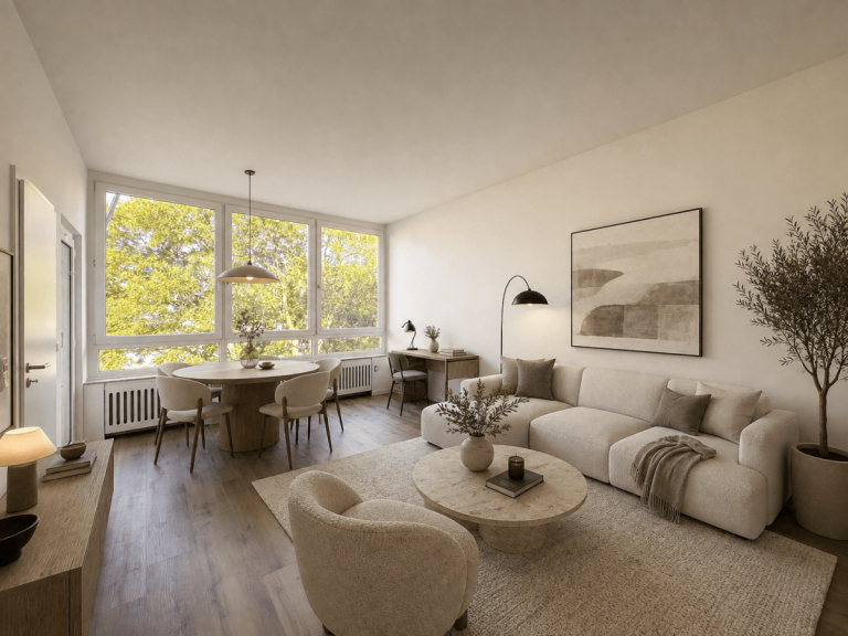 Wohn- und Schlafbereich virtuell mort D�sseldorf - D�sseldorf - Oberkassel Etagenwohnung Erstbezug nach hochwertiger Sanierung - Apartment in Oberkassel mit EBK, Loggia & direkter Rheinn�he