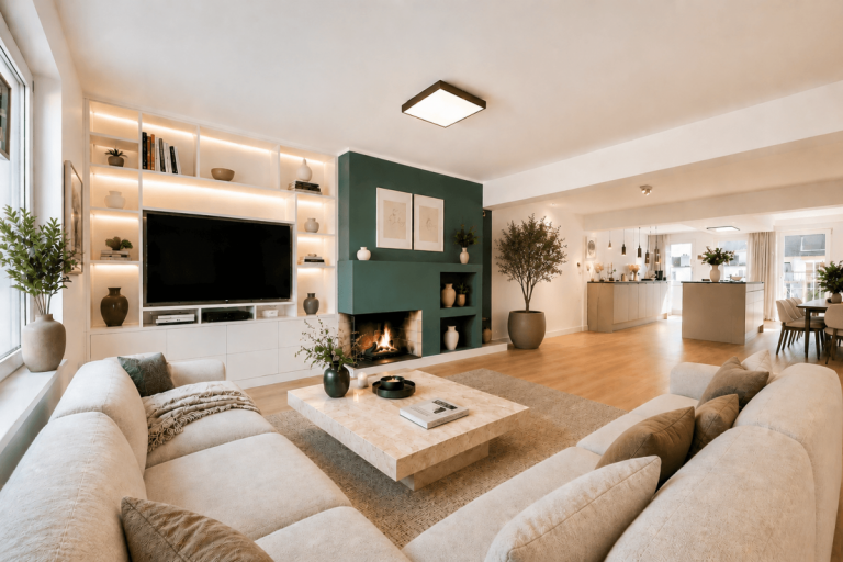 Wohnbereich mit Kamin D�sseldorf - D�sseldorf - Friedrichstadt Penthousewohnung Friedrichstadt: Exklusives Penthouse auf zwei Ebenen mit Dachterrasse & Designerk�che