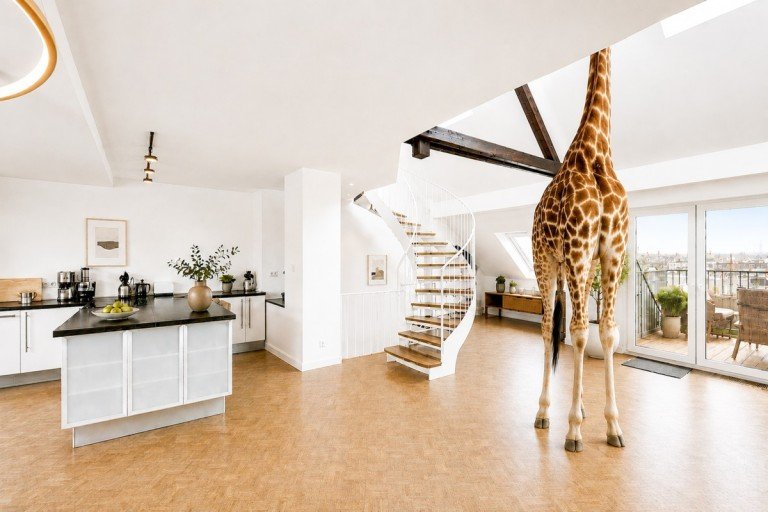Offener Wohn-, Ess-, Kochbereich D�sseldorf - D�sseldorf - Rath Maisonettewohnung Ein echtes Unikat: Maisonette mit tierischer Raumh�he, Dachterrasse & Einliegerwohnung