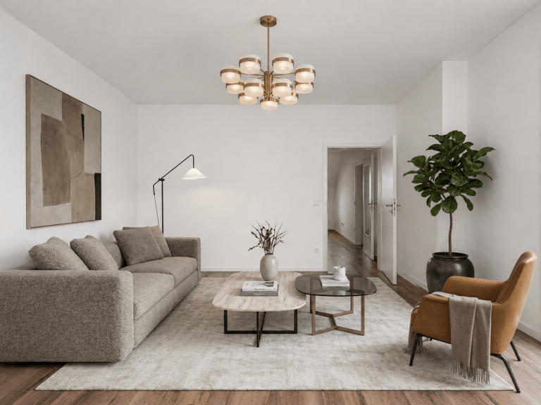 Wohnzimmer (virtuell mort) D�sseldorf Etagenwohnung Oberkassel: Helle 2-Zimmer-Wohnung mit Balkon und Einbauk�che