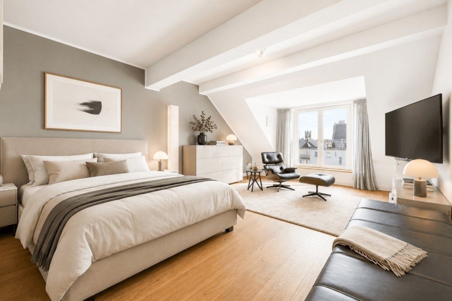 Schlafzimmer mit Panoramafenster Penthousewohnung D�sseldorf