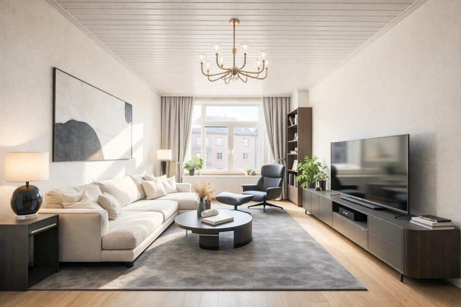 Wohnzimmer (virtuell m�bliert) Etagenwohnung D�sseldorf